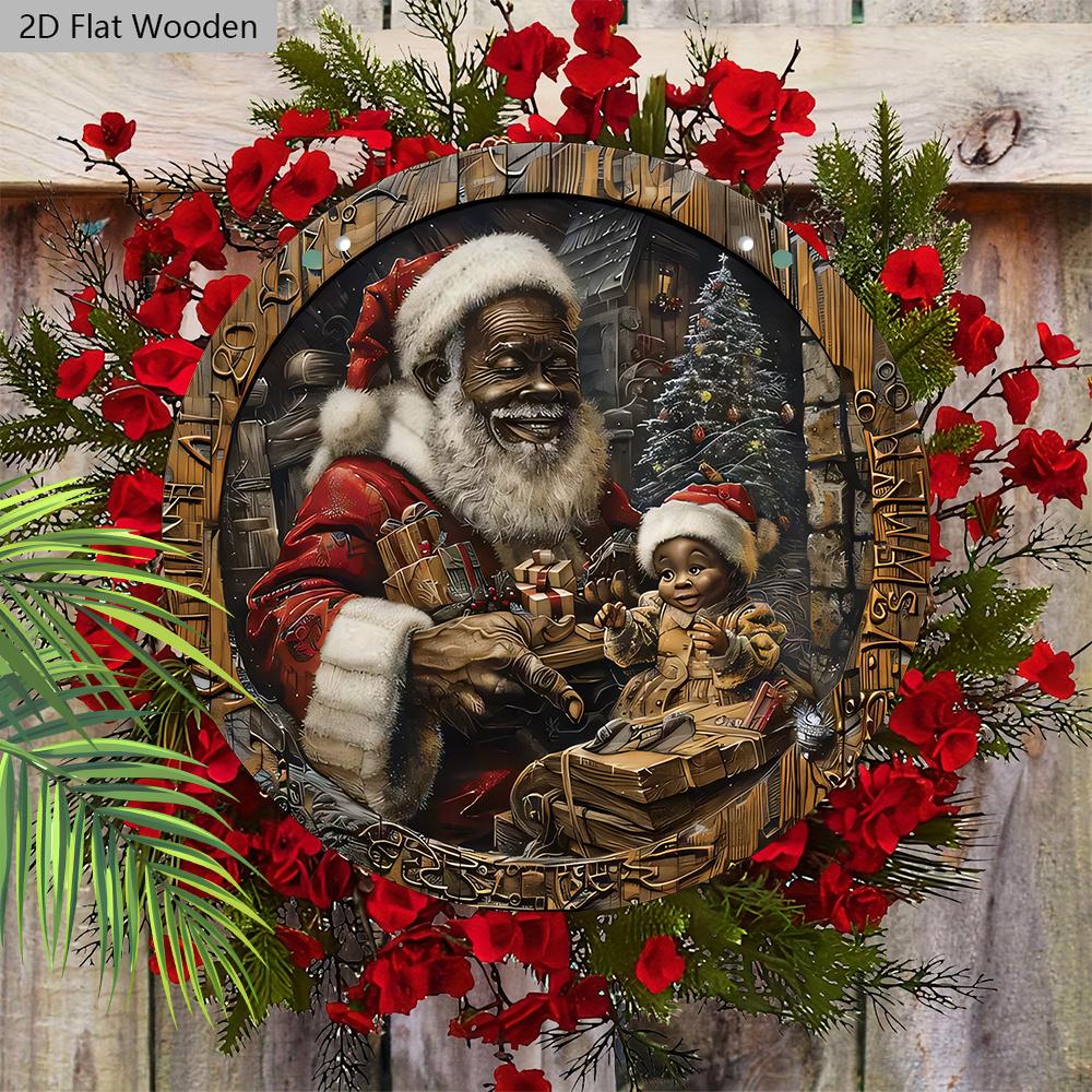 Schwarzer Weihnachtsmann Holzweihnachtsschild - Navidad Rundes Schild für Hof, Tür, Wandbehangdeko - Ideale Weihnachtsdekoration