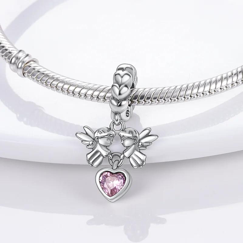 Charms Copperguardian Angel Pink Heart Beads Fit Charms Plataoriginal Bracelet Beads Women Jewellery Making Gifts