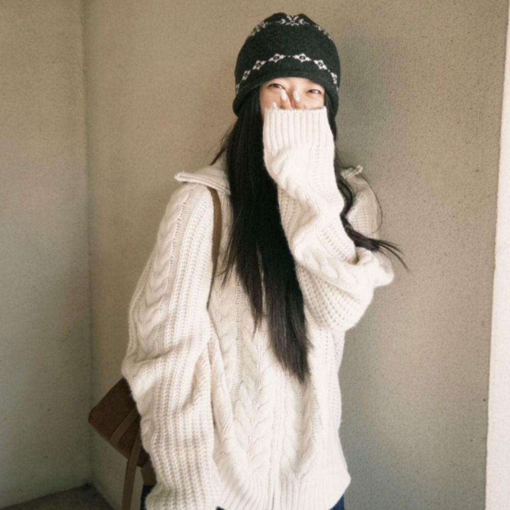 Printed Jacquard Knitted Hat Warm Printing Knit Cap Retro Ear Protection Hat  Autumn