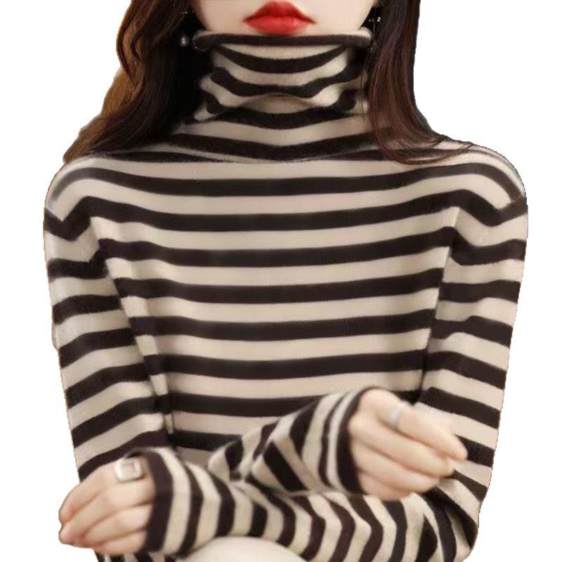 Thick Thermal Fleece Striped High Neck Slimming Autumn/Winter T-shirt