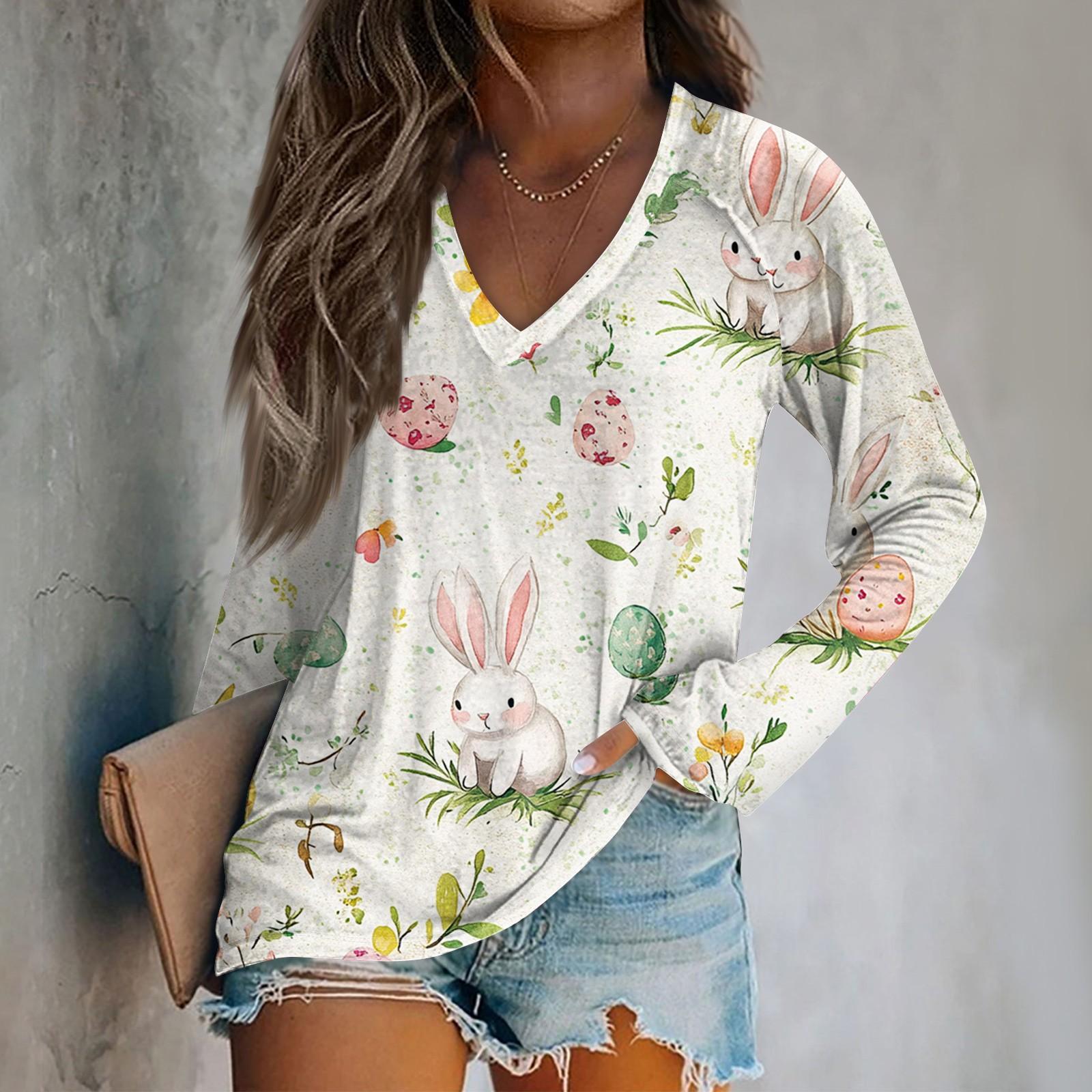 Women s Long Sleeve Plunger Sleeve Easter Print Casual Top T-Shirt L бежевый