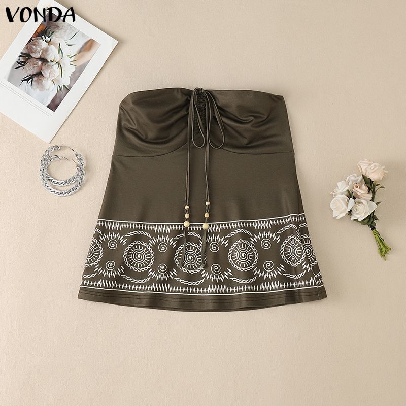 VONDA Summer Women Off Shoulder Strapless Print Tank Tops