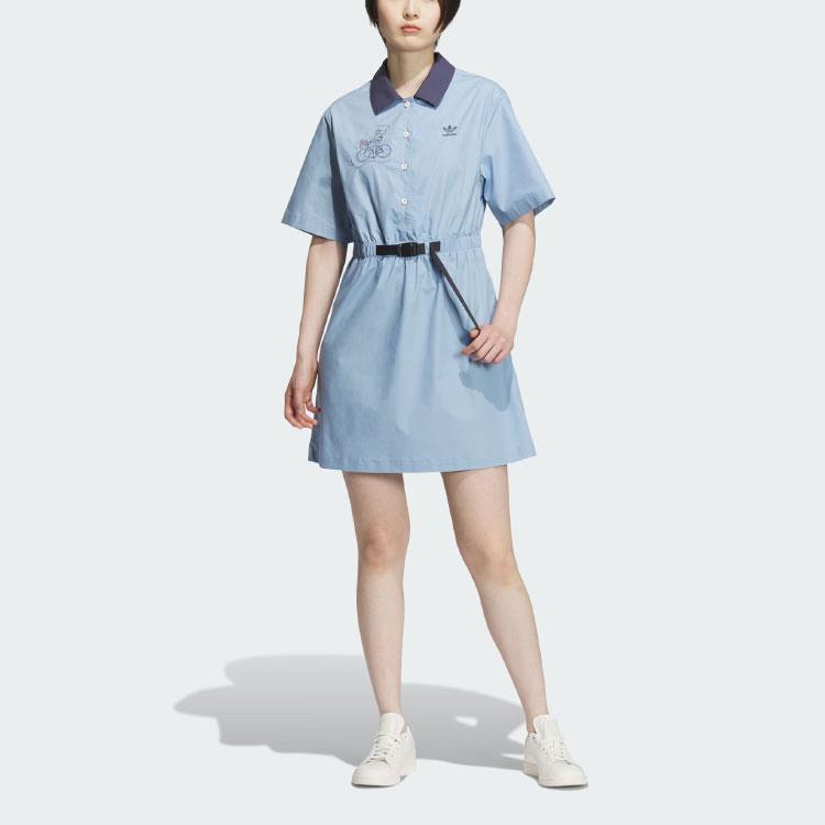 adidas Originals X Yu Nagaba Kollaboration Brief Handgezeichnetes Muster Besticktes Polo-Kleid mit Gürtel Damen Kleider Blau IS0626