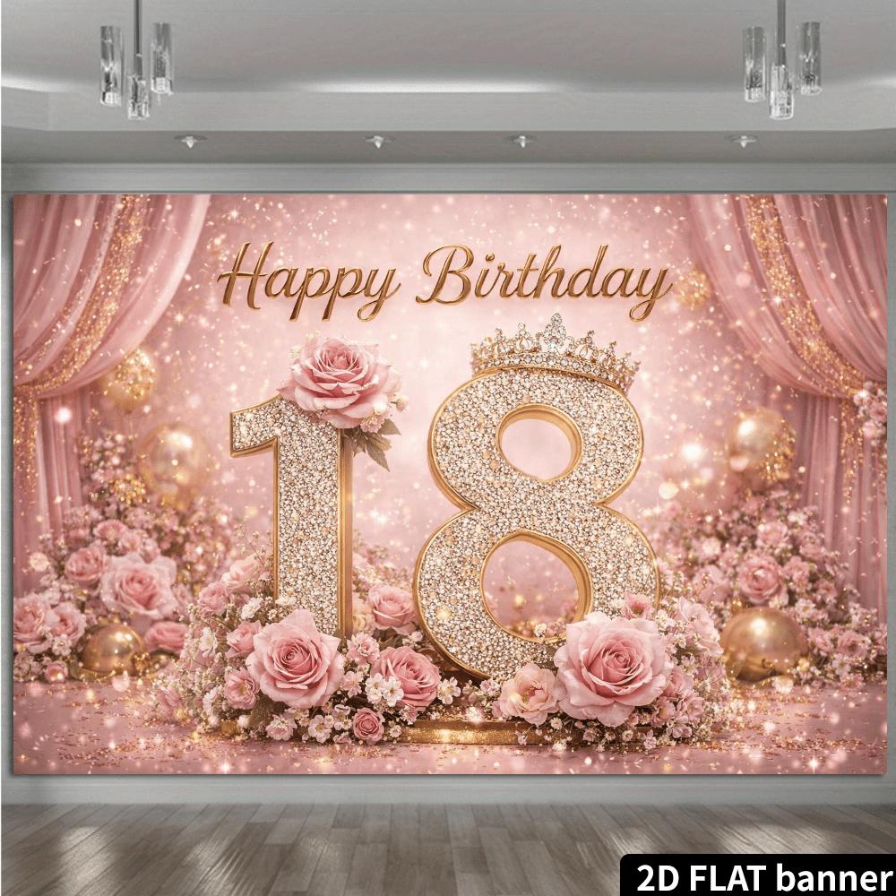 2D Flat Color Drapery for 18th Birthday Background Fabric with Diamond-encrusted Numbers "18" and Crown Rose Elements