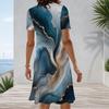 Women Plus Size Round Neck Short Sleeve A Line Bright Blue Swirl Printed Midi Dress