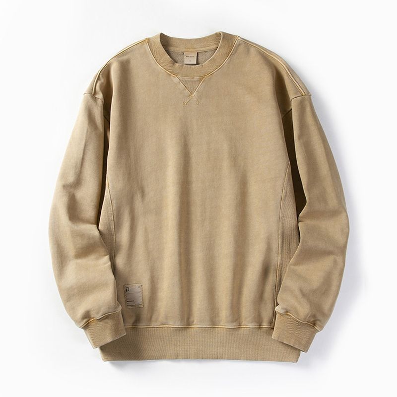 520g American Retro Heavyweight Stiff Washed Vintage Round-Neck Sweatshirt for Men, Autumn and Winter Export Men s High-Quality Jacket Khaki M