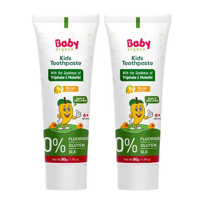 BabyOrgano® Herbal Toothpaste for Kids L 100% Ayurvedic L Non Gel Formula L Goodness of Babool and Mulethi L Mango Flavour - 50gm (Pack of 2)