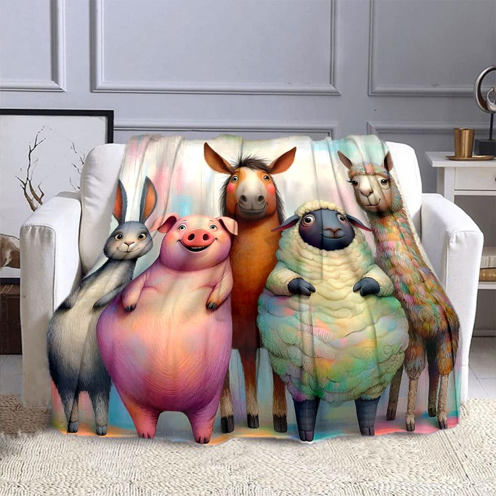 "Colorful Cartoon Farm Animal Friends" Patterned Flannel Blanket Perfect for the Bedroom Living Room, Sofa, or a Little Nap