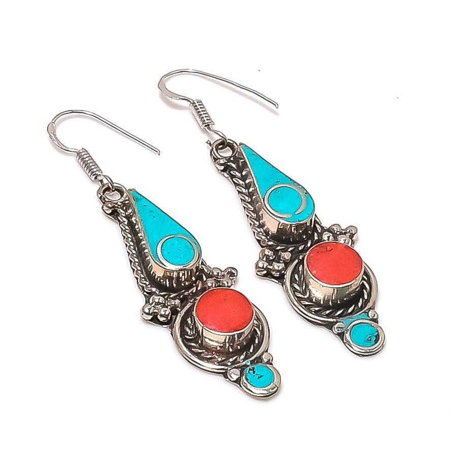 

Natural Tibetan Turquoise, Coral Gemstone 925 Sterling Silver Earring 2.36 F2i51