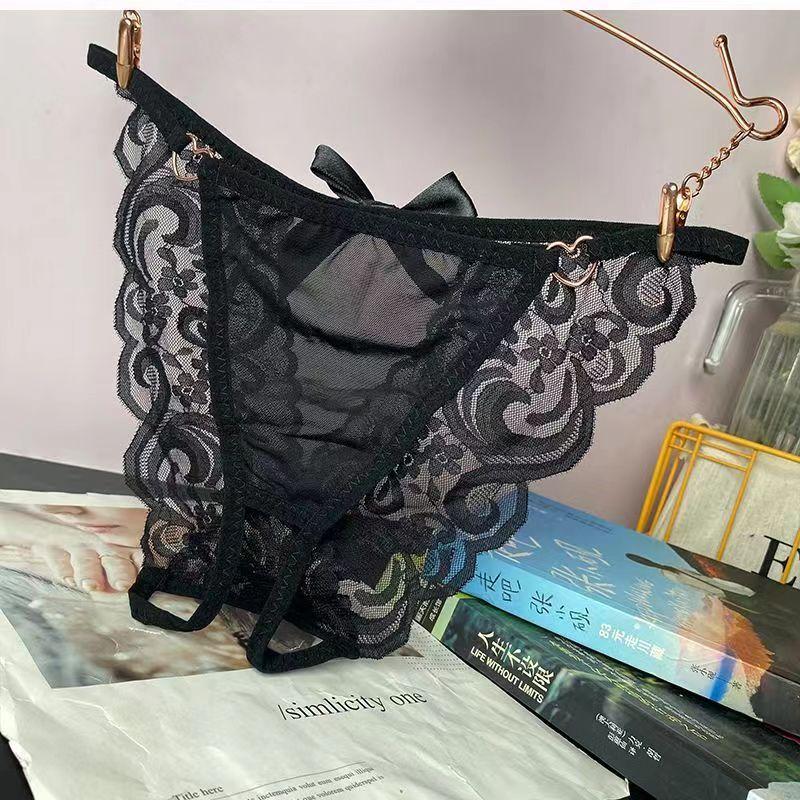 Sexy Women Thong Pants Temptation To Open Gear Hollow Out Briefs Perspective Lace Bow Underwear Low Waist Shorts Erotic Lingerie