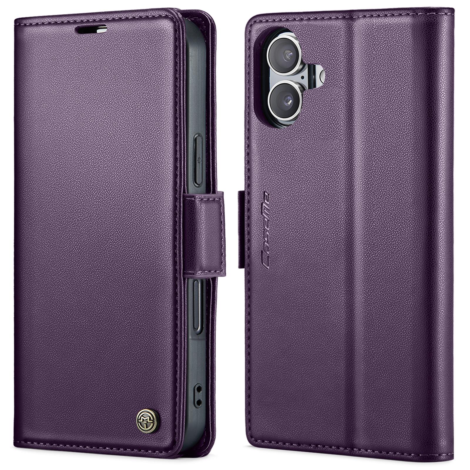 

For iPhone 16 Plus Leather Case CASEME 023 RFID Blocking 3 Card Slot Mobile Cover Purple