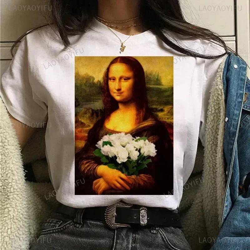 Vintage Humor Mona Lisa Print Women Fashion Top Funny Rose Mona Lisa T-Shirt Classic Camise Breathable Short-sleev