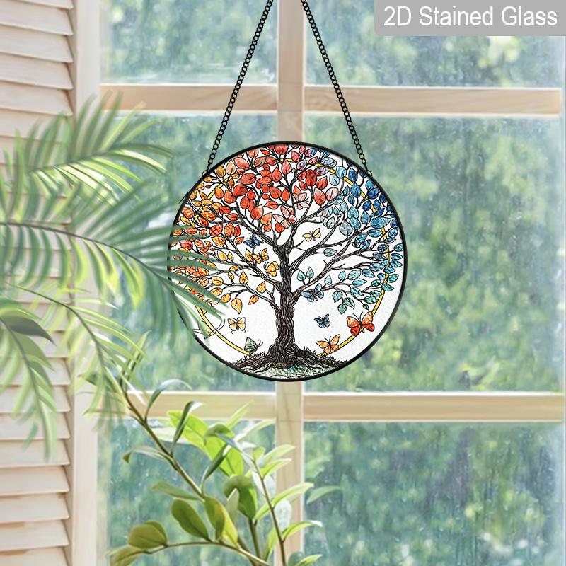 2D Flat Stained Glass Tree of Life Window Decoration, 6.3/7.87inches Colored Glass Plate with Chain, Charming Indoor/Outdoor Sun Catcher Home Garden