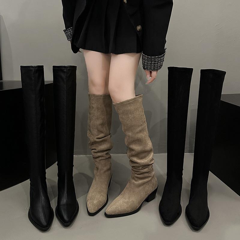 Fashion Stretch Soft Leather Women Over the Knee High Boots Fashion Pointed Toe Shoes Autumn Winter Thick Heel Ladies Long Booties