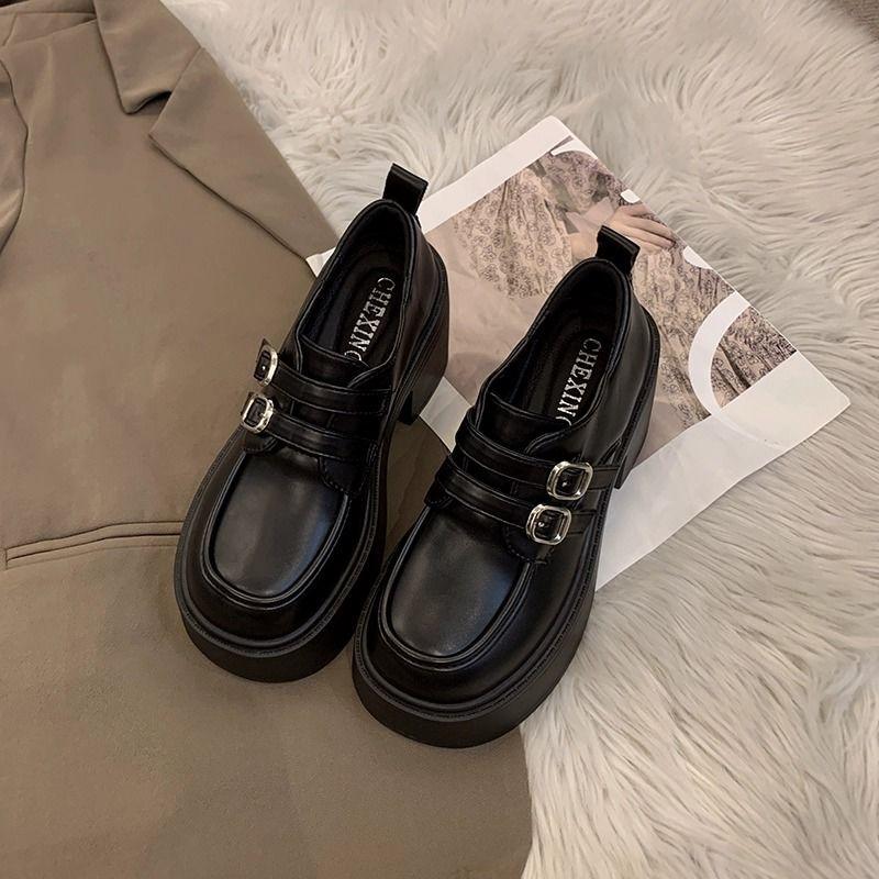 Platform popular loafers women's spring 2025 new super high heel belt buckle British style ins small leather shoes