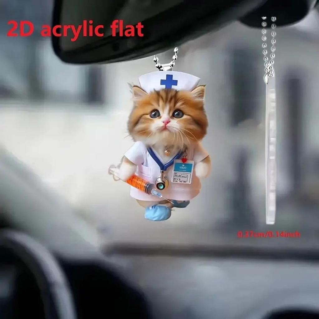 Playful Cartoon Feline Nurse Car Decoration Acrylic Hanging Charm With Sturdy Rope For Christmas Tree And Door Decoratio