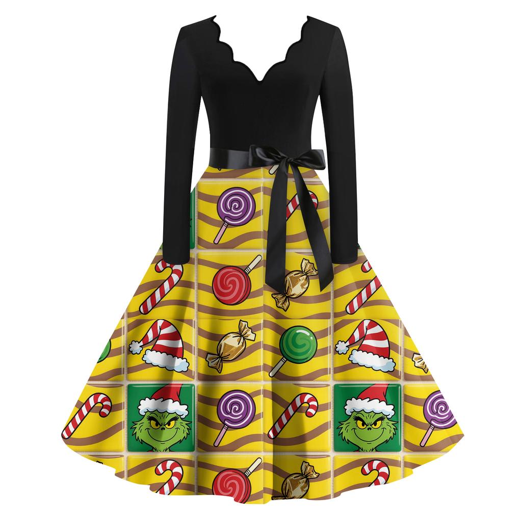 Ladies' Fashionable Retro Long Sleeved Square Neck Christmas Printed Evening Dress Dress