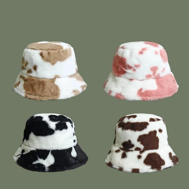 Cow Print Fisherman Hat For Women New Autumn And Winter Style Thickened Warm Bucket Hat Trendy Internet Celebrity Hat