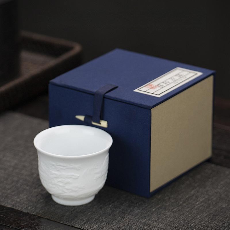 Handmade Tengwangge Pavilion Relief White Porcelain Tea Cup Chinese Gongfu Tea Set Personal Tea Cup Ceramic Gift for Tea Lovers