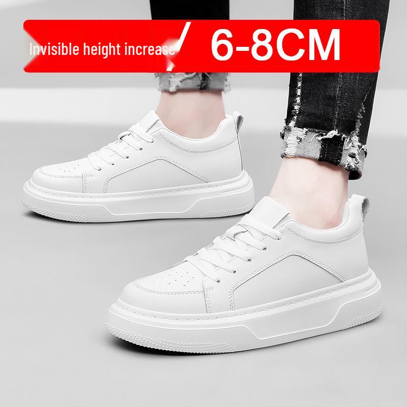 Men's 8CM Height Increasing White Sneakers - Large Size, Thick Sole, Casual Sports Shoes