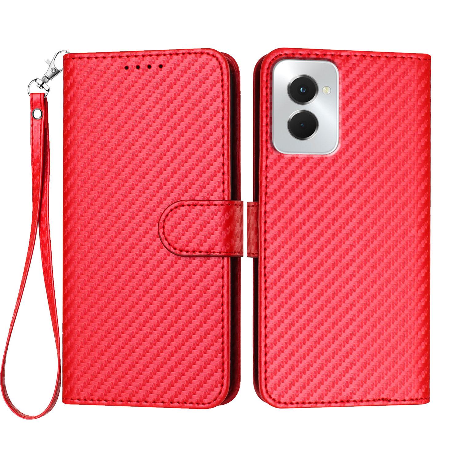 

Для Motorola Moto G Power (2024) Чохол-гаманець з ремінцем Шкіряний мобільний чохол з текстурою вуглецевого волокна Red