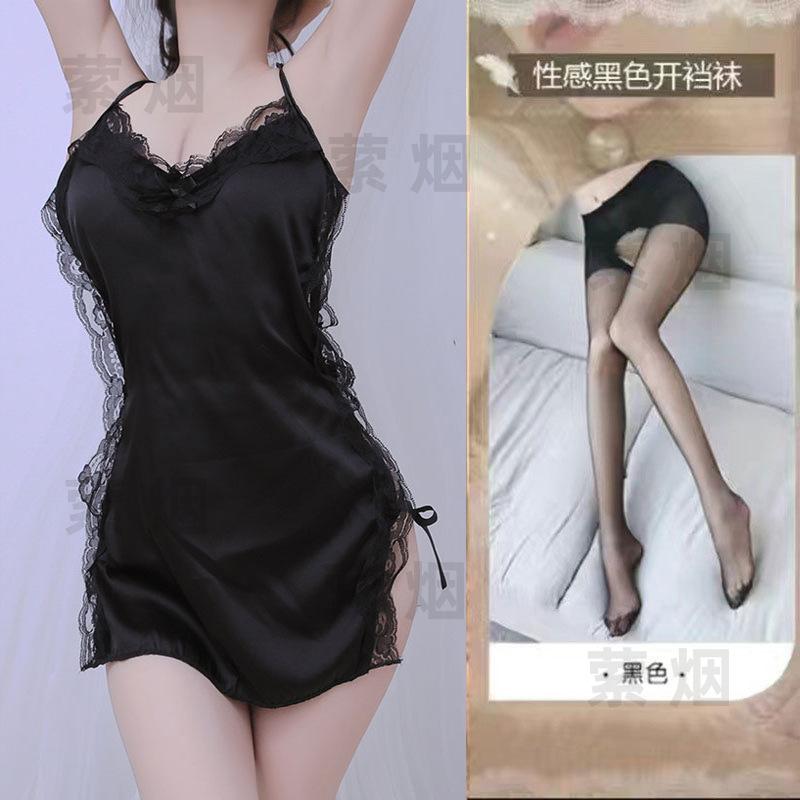 Sex underwear bed sexy temptation suspender skirt side strap satin hollow small chest nightdress