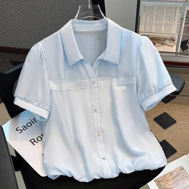 

Womens Lace Trim Puff Sleeve Button Down Blouse L синий