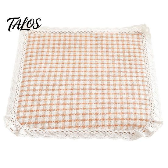 Thin Seat Pad for Home Cotton Linen Chair Pad, Striped Plaid Dining Mat with Lace Trim, Lightweight Wood Chairs Breathable Ties Office Barstool