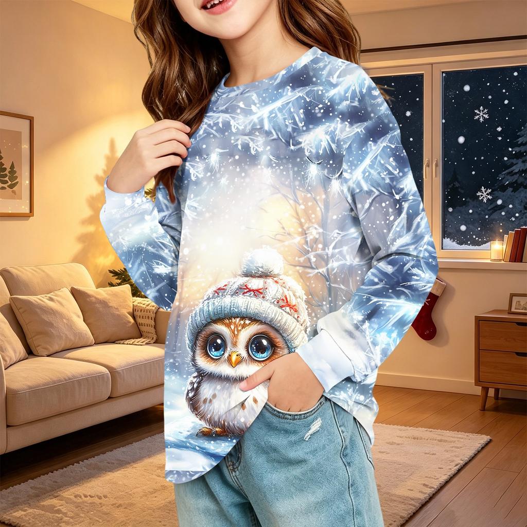 Children's Christmas Print Long Sleeve Neck Shirt with Pocket for Boys and Girls