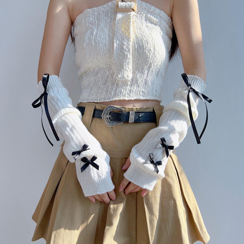 New Thicken Arm Sleeves Bowknot Solid Color Knitted Gloves Y2K Soft Arm Warmers Female