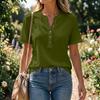 Women’s Fashion Solid Pattern Henley Button Neck Short Sleeve Cotton Linen Shirt for Casual and Daily Wear