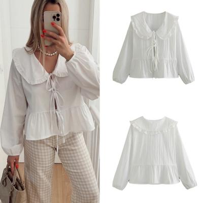 Casual Shirt Lapel Ruffle Hem Shirt Sleeve Lace-up Closure Lantern Long Solid Color Loose Fit