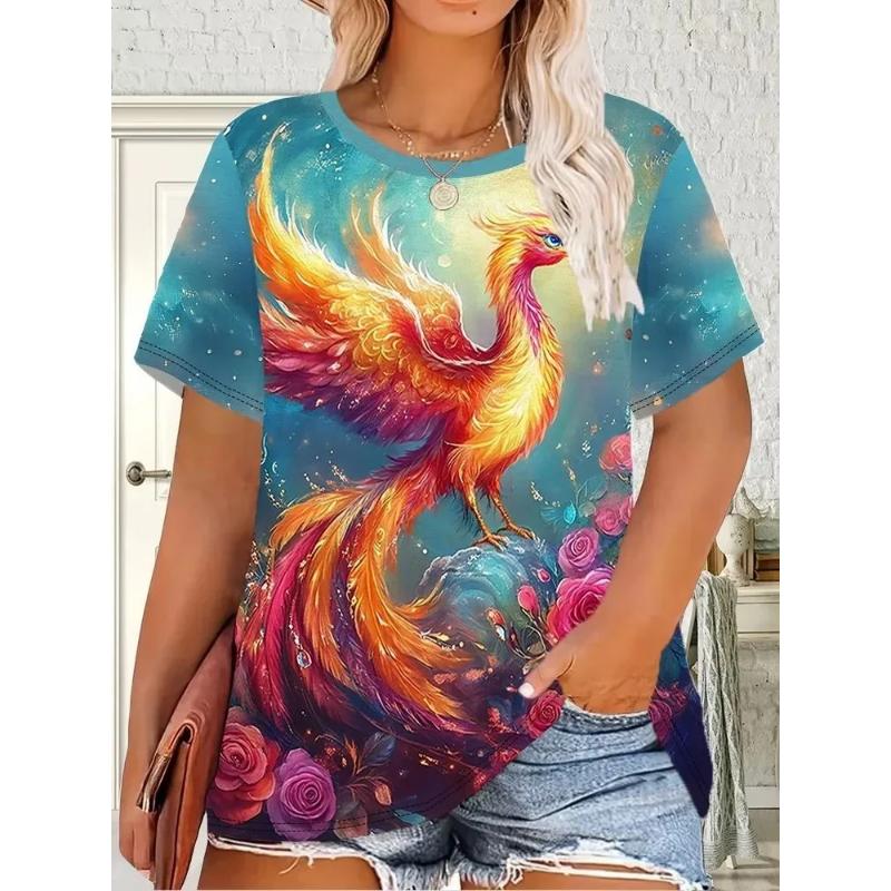 Crew Neck T-Shirt Fashion Women's Animal Short Sleeve 3D Animal Color Printing Crew Neck Short Sleeve