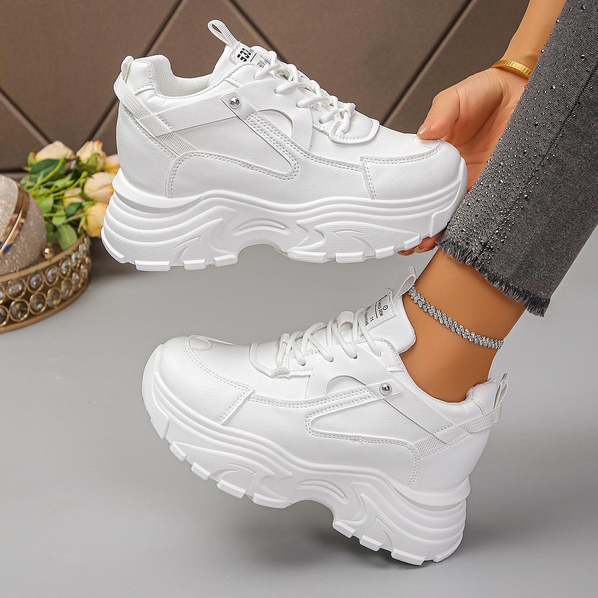 Shufl Women's Black Chunky Sneakers White Leather Platform Sneakers For Height-Increasing Shoes Thick Sole Casual Shoes Woman Cm