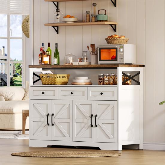 Buffet Sideboard 140cm with Storage Space, Coffee Bar with 3 Drawers, Country Style Console with Doors, Cupboards with Shelves, Suitable for Kitchen,