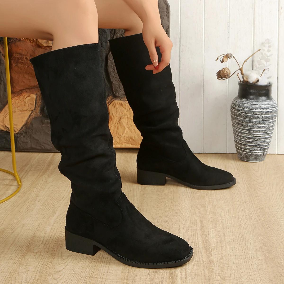 

Модные новые ботильоны с круглым носком, сексуальной толстой подошвой, нескользящие, повседневные, в рыцарском стиле, зимние, замшевые, удобные, элегантные сапоги для верховой езды для женщин 35