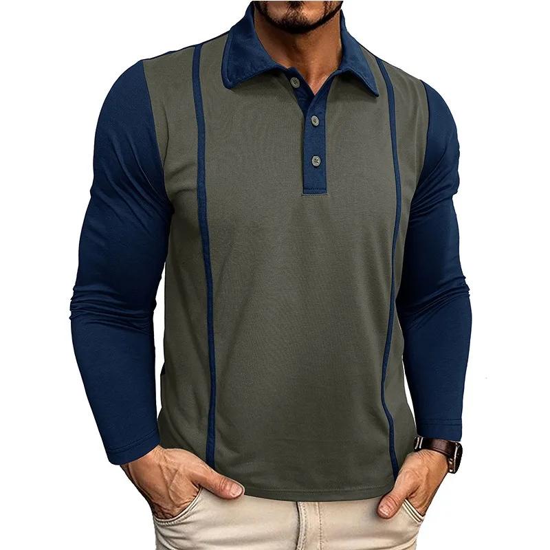 Spring Autumn Men's Contrasting Color Lapel Long Sleeve Button Polo Shirts Mens Casual Polos Tops