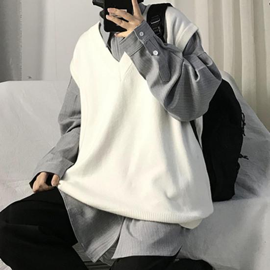 Men Sweater V Neck Solid Color Sleeveless All Match Spring Sweater for School