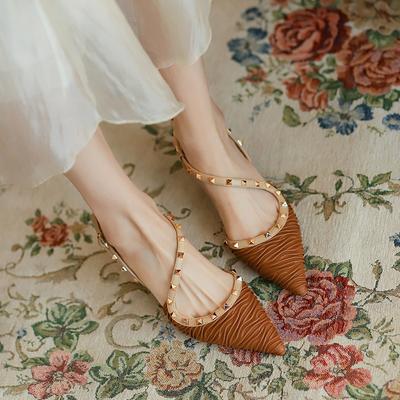 2025 Summer New Fashion Rivet Pointed Head Thin Heel Bag Head Sandals Women's Medium Heel Back Mixed with Single Shoes