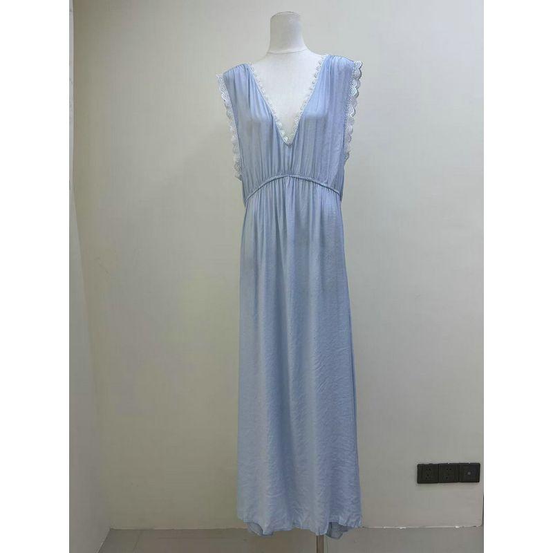 

Foreign Trade Original Garment Original Single Visual Cooling French style Sky Blue Lace Pattern Vest Skirt Loose Plus size Long dress Blue 2XL