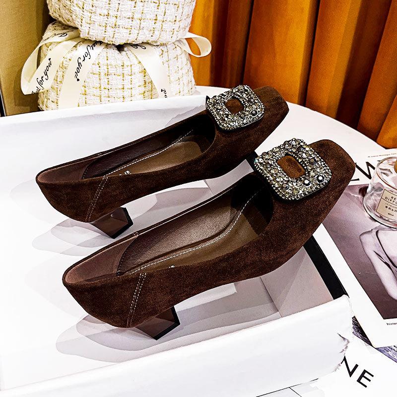 High-heeled single shoes women's new medium-heeled temperament women's shoes rhinestone buckle square head high-heeled shoes thick heel
