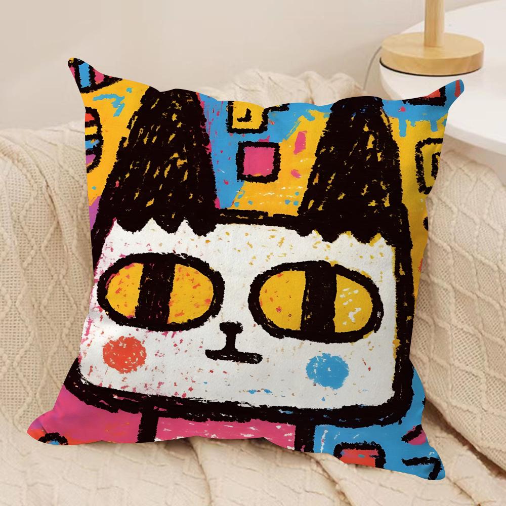 Art Dopamine Doodle Cat Cushion Cover Silky Short Plush Invisible Zipper Dustproof Sofa Pillow Case For Home Decor