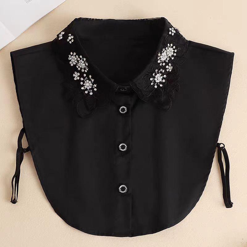Women's Handmade Beads Floral Shirt Detachable Pointed Neck Fake Collar Neckwear Ties Half Shirt Style Cotton Fake Collar