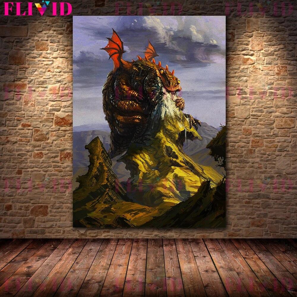 Flying Fox,Raven Winged Cat,Gold Mule-Deer Vintage Wall Art Canvas Painting Mysterious Magical Creature Art Poster Print Decor No Frame