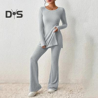 Costume deux pièces pour femme, ensemble tricoté, manches longues, côtelé, fente, taille haute, pantalon évasé, tenue à la mode, hiver et automne