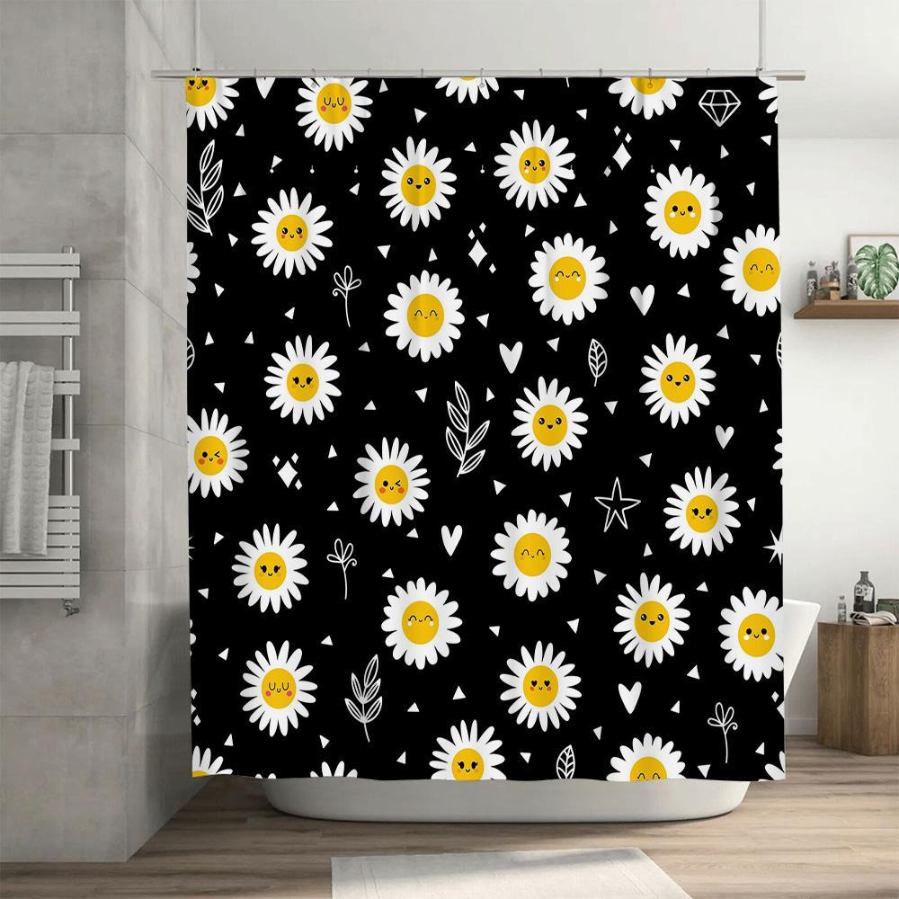 Black Shower Curtain with White Flowers Print Bathroom Decor, Home Decor Shower Curtains for Bathtub, Fabric Waterproof Bath Sho