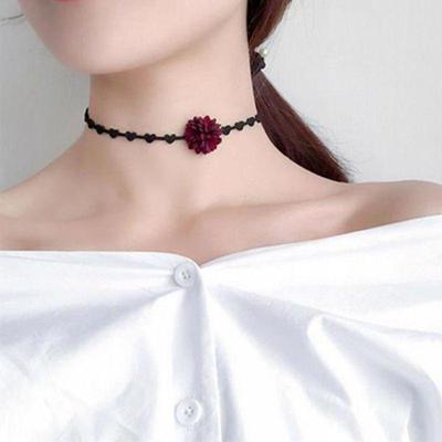 Handmade Velvet Heart Choker Necklace with Red Flower