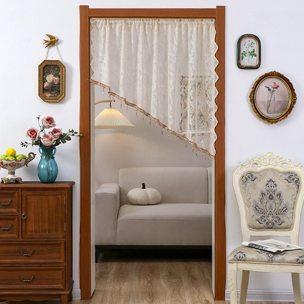 

1/2Pcs Adjustable Length Lace Half Curtain Floral Embroidery Easy Install Sheer Curtain White Beaded Lace Curtai Home Decor