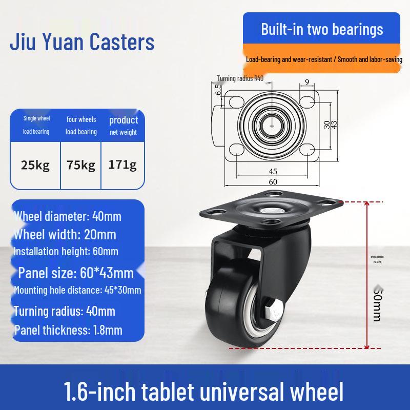 Black Heavy-Duty Swivel Casters with Brakes for Furniture, Cabinets & Industrial Use, Double Bearing Wheels