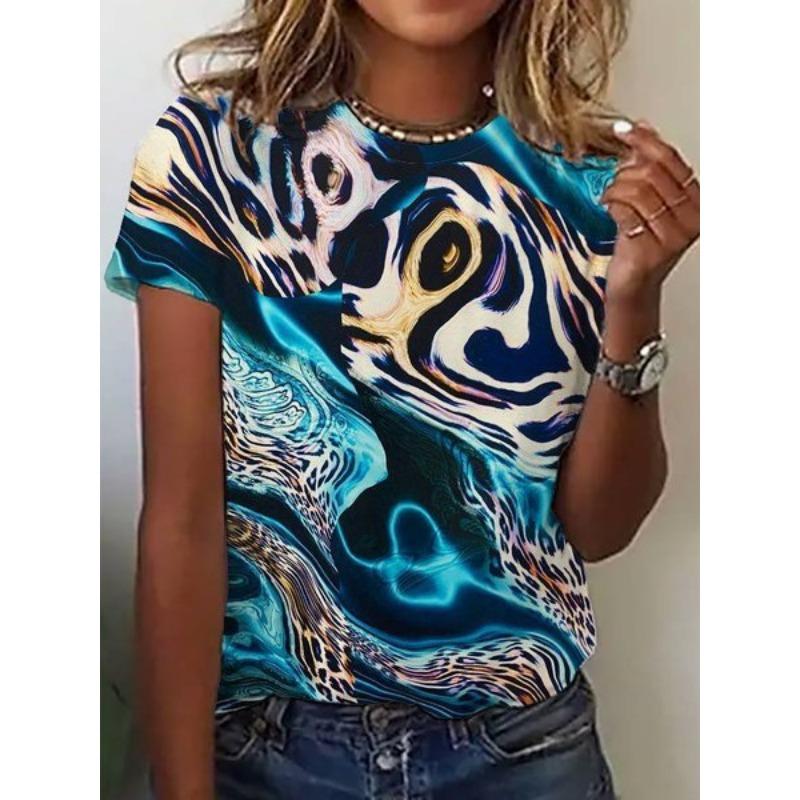 Summer Round Neck 3D Flower Print Top Fashionable Casual Short Sleeved Women's T-shirts